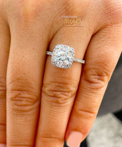 Elegant Women's 14k Solid White Gold Cushion Cut Moissanite and Natural Diamond Engagement Ring Bridal, Wedding Halo 2.50ctw