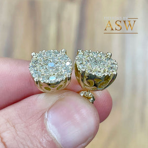 Stunning 14K Solid Yellow Gold Large Round Cut Invisible Set Natural Diamond Deco Style Stud Earrings 2.00ctw