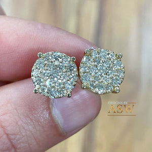 Stunning 14K Solid Yellow Gold Large Round Cut Invisible Set Natural Diamond Deco Style Stud Earrings 2.00ctw