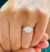 Load image into Gallery viewer, Large 14k Solid Yellow Gold Radiant and Triangle Cut Forever One Moissanite Engagement Ring, Bridal, Wedding Deco Three Stone Style  3.30ctw
