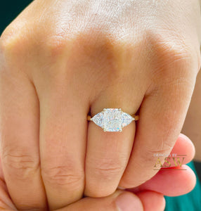 Large 14k Solid Yellow Gold Radiant and Triangle Cut Forever One Moissanite Engagement Ring, Bridal, Wedding Deco Three Stone Style  3.30ctw