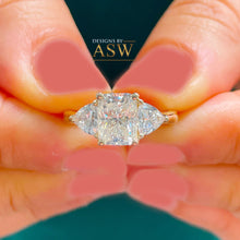 Load image into Gallery viewer, Large 14k Solid Yellow Gold Radiant and Triangle Cut Moissanite Engagement Ring, Bridal, Wedding Deco Three Stone Style  3.30ctw
