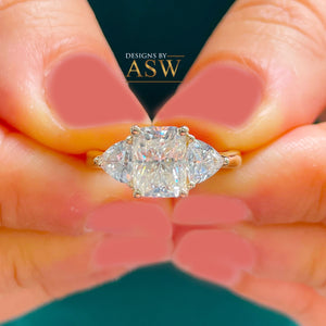 Large 14k Solid Yellow Gold Radiant and Triangle Cut Forever One Moissanite Engagement Ring, Bridal, Wedding Deco Three Stone Style  3.30ctw