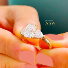 Load image into Gallery viewer, Large 14k Solid Yellow Gold Radiant and Triangle Cut Forever One Moissanite Engagement Ring, Bridal, Wedding Deco Three Stone Style  3.30ctw
