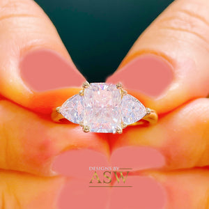Large 14k Solid Yellow Gold Radiant and Triangle Cut Moissanite Engagement Ring, Bridal, Wedding Deco Three Stone Style  3.30ctw