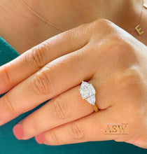 Load image into Gallery viewer, Large 14k Solid Yellow Gold Radiant and Triangle Cut Forever One Moissanite Engagement Ring, Bridal, Wedding Deco Three Stone Style  3.30ctw
