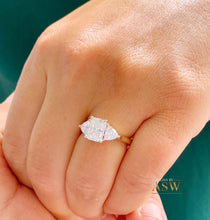 Load image into Gallery viewer, Large 14k Solid Yellow Gold Radiant and Triangle Cut Forever One Moissanite Engagement Ring, Bridal, Wedding Deco Three Stone Style  3.30ctw
