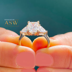 Large 14k Solid Yellow Gold Radiant and Triangle Cut Forever One Moissanite Engagement Ring, Bridal, Wedding Deco Three Stone Style  3.30ctw