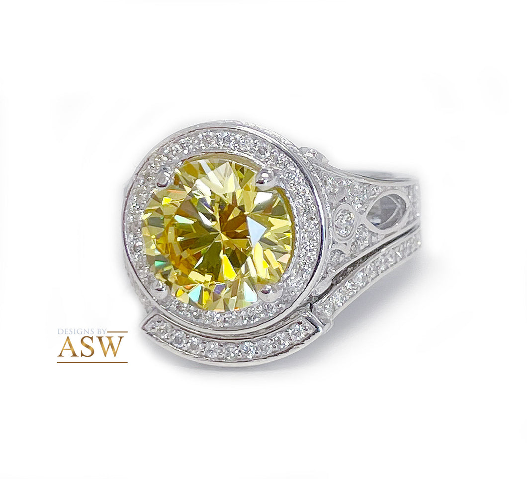 14K Solid White Gold Fancy Yellow Round Cut Simulated Diamonds Engagement Ring And Band Set Halo Wedding Bridal Set 4.25ctw