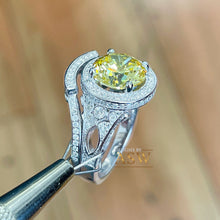 Load image into Gallery viewer, 14K Solid White Gold Fancy Yellow Round Cut Simulated Diamonds Engagement Ring And Band Set Halo Wedding Bridal Set 4.25ctw
