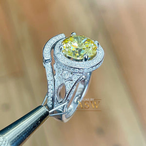 14K Solid White Gold Fancy Yellow Round Cut Simulated Diamonds Engagement Ring And Band Set Halo Wedding Bridal Set 4.25ctw