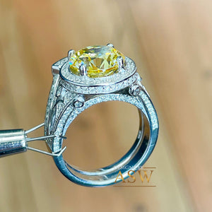 14K Solid White Gold Fancy Yellow Round Cut Simulated Diamonds Engagement Ring And Band Set Halo Wedding Bridal Set 4.25ctw
