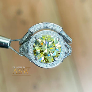 14K Solid White Gold Fancy Yellow Round Cut Simulated Diamonds Engagement Ring And Band Set Halo Wedding Bridal Set 4.25ctw