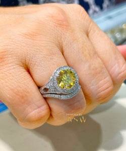 14K Solid White Gold Fancy Yellow Round Cut Simulated Diamonds Engagement Ring And Band Set Halo Wedding Bridal Set 4.25ctw