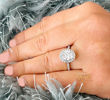 Load image into Gallery viewer, Large 14K Solid White Gold Oval and Round Cut Simulated Diamonds Engagement Ring Prong Set Wedding Bridal Halo 4.00ctw

