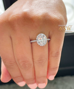 14K White Gold Oval Cut Moissanite And Natural Round cut Diamond Engagement Ring Deco, Halo, Bridal, Wedding, Propose 3.70ct