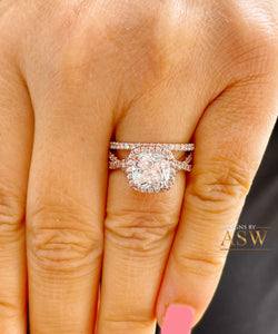 14k Rose Gold Cushion Cut Forever One Moissanite and Diamond Engagement Ring And Band Halo Bridal Set Natural Diamonds 3.00ct