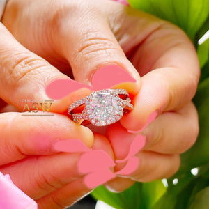14k Rose Gold Cushion Cut Forever One Moissanite and Diamond Engagement Ring And Band Halo Bridal Set Natural Diamonds 3.00ct