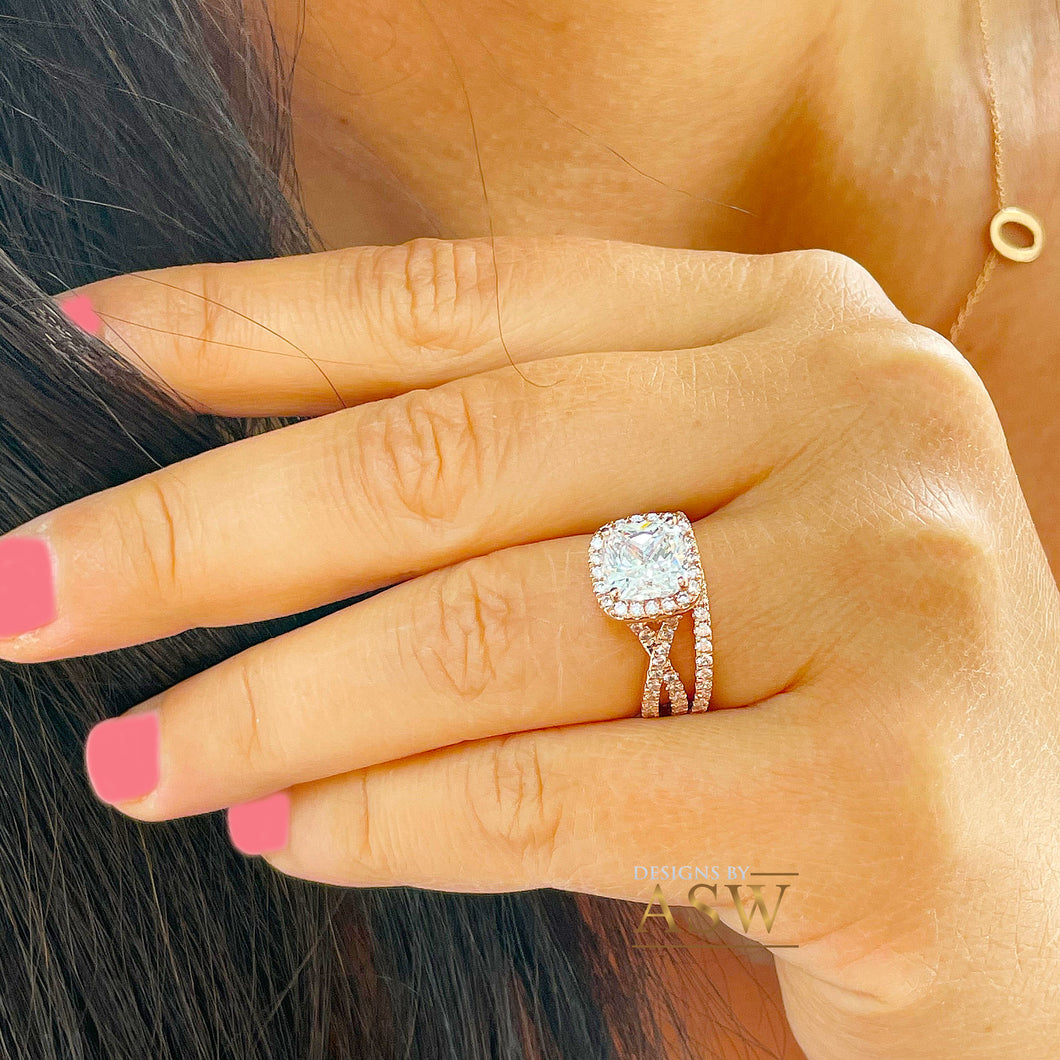 14k Rose Gold Cushion Cut Moissanite and Diamond Engagement Ring And Band Halo Bridal Set Natural Diamonds 3.00ct