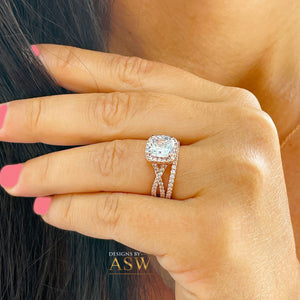 14k Rose Gold Cushion Cut Moissanite and Diamond Engagement Ring And Band Halo Bridal Set Natural Diamonds 3.00ct