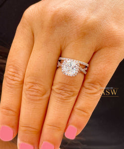 14k Rose Gold Cushion Cut Moissanite and Diamond Engagement Ring And Band Halo Bridal Set Natural Diamonds 3.00ct
