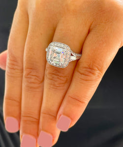 Huge and Heavy 14K Solid White Gold Asscher Cut Moissanite And Diamond Engagement Ring Prong Set Halo 4.05ctw