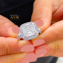 Load image into Gallery viewer, Huge and Heavy 14K Solid White Gold Asscher Cut Moissanite And Diamond Engagement Ring Prong Set Halo 4.05ctw
