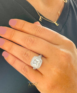 Huge and Heavy 14K Solid White Gold Asscher Cut Forever One Moissanite And Diamond Engagement Ring Prong Set Halo 4.05ctw