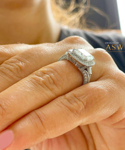 Huge and Heavy 14K Solid White Gold Asscher Cut Moissanite And Diamond Engagement Ring Prong Set Halo 4.05ctw