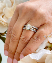 Load image into Gallery viewer, 14K Solid White And Yellow Gold Round Cut Simulated Diamonds Engagement Ring And Two Eternity Bands Set Bezel Set Wedding Bridal Set 2.40ctw
