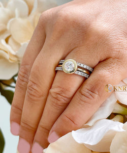 14k Yellow And White Gold Round Cut Forever One Moissanite and Natural Diamond Engagement Ring And Two Bands Bezel Set Halo 2.40ctw