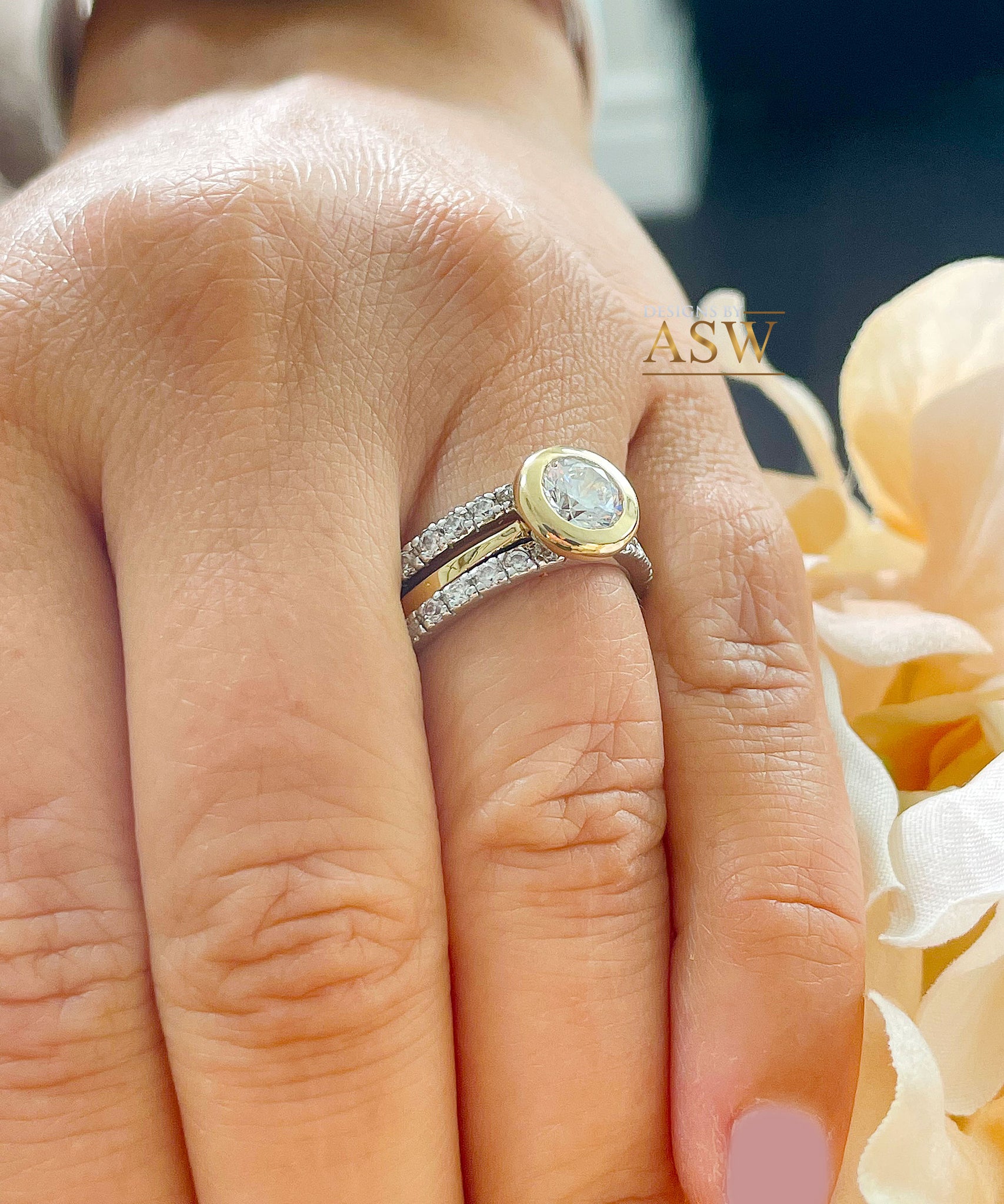 Round Cut Diamond Multi-Stone Bezel-Set Halo Engagement Ring with Round  Diamond Accents in Rose Gold - #MAJ-05-R - Bijoux Majesty