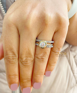 14k Yellow And White Gold Round Cut Forever One Moissanite and Natural Diamond Engagement Ring And Two Bands Bezel Set Halo 2.40ctw