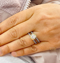 Load image into Gallery viewer, 14K Solid White And Yellow Gold Round Cut Simulated Diamonds Engagement Ring And Two Eternity Bands Set Bezel Set Wedding Bridal Set 2.40ctw
