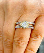 Load image into Gallery viewer, 14K Solid White And Yellow Gold Round Cut Simulated Diamonds Engagement Ring And Two Eternity Bands Set Bezel Set Wedding Bridal Set 2.40ctw
