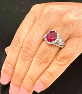 14K Solid White Gold Oval Shape Natural Ruby and Round And Marquee Cut Natural Diamonds Engagement Ring Halo Prong Set 4.50ctw