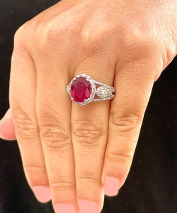 14K Solid White Gold Oval Shape Natural Ruby and Round And Marquee Cut Natural Diamonds Engagement Ring Halo Prong Set 4.50ctw