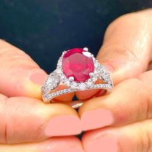 Load image into Gallery viewer, 14K Solid White Gold Oval Shape Natural Ruby and Round And Marquee Cut Natural Diamonds Engagement Ring Halo Prong Set 4.50ctw
