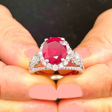 Load image into Gallery viewer, 14K Solid White Gold Oval Shape Natural Ruby and Round And Marquee Cut Natural Diamonds Engagement Ring Halo Prong Set 4.50ctw
