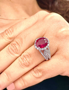 14K Solid White Gold Oval Shape Natural Ruby and Round And Marquee Cut Natural Diamonds Engagement Ring Halo Prong Set 4.50ctw