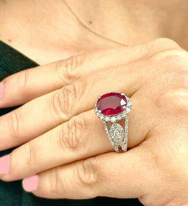 14K Solid White Gold Oval Shape Natural Ruby and Round And Marquee Cut Natural Diamonds Engagement Ring Halo Prong Set 4.50ctw