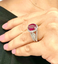 Load image into Gallery viewer, 14K Solid White Gold Oval Shape Natural Ruby and Round And Marquee Cut Natural Diamonds Engagement Ring Halo Prong Set 4.50ctw
