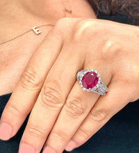 Load image into Gallery viewer, 14K Solid White Gold Oval Shape Natural Ruby and Round And Marquee Cut Natural Diamonds Engagement Ring Halo Prong Set 4.50ctw
