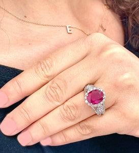 14K Solid White Gold Oval Shape Natural Ruby and Round And Marquee Cut Natural Diamonds Engagement Ring Halo Prong Set 4.50ctw