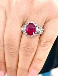 14K Solid White Gold Oval Shape Natural Ruby and Round And Marquee Cut Natural Diamonds Engagement Ring Halo Prong Set 4.50ctw