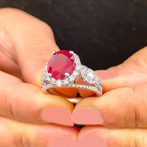 14K Solid White Gold Oval Shape Natural Ruby and Round And Marquee Cut Natural Diamonds Engagement Ring Halo Prong Set 4.50ctw