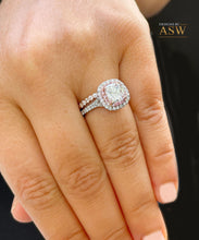 Load image into Gallery viewer, 14k Solid White And Rose Gold Cushion Cut Moissanite and Natural Diamond Engagement Ring And Band Double Halo 2.60ct
