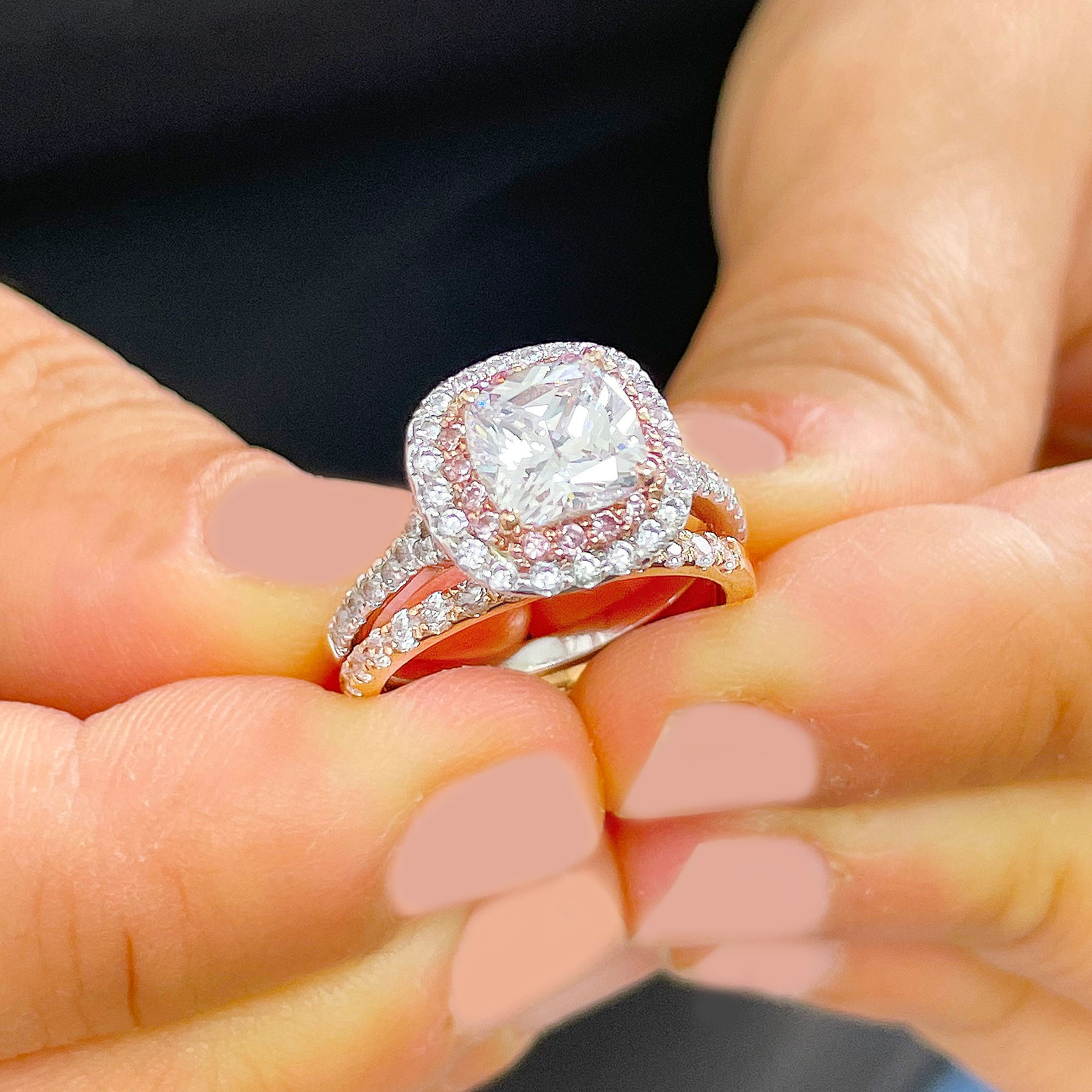 14K Solid White And Rose Gold Cushion Cut Simulated Diamond Engagement Ring And Band Bridal Set Wedding Set Halo Split Shank