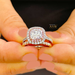 14k Solid White And Rose Gold Cushion Cut Moissanite and Natural Diamond Engagement Ring And Band Double Halo 2.60ct