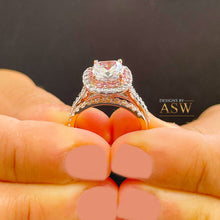 Load image into Gallery viewer, 14k Solid White And Rose Gold Cushion Cut Moissanite and Natural Diamond Engagement Ring And Band Double Halo 2.60ct
